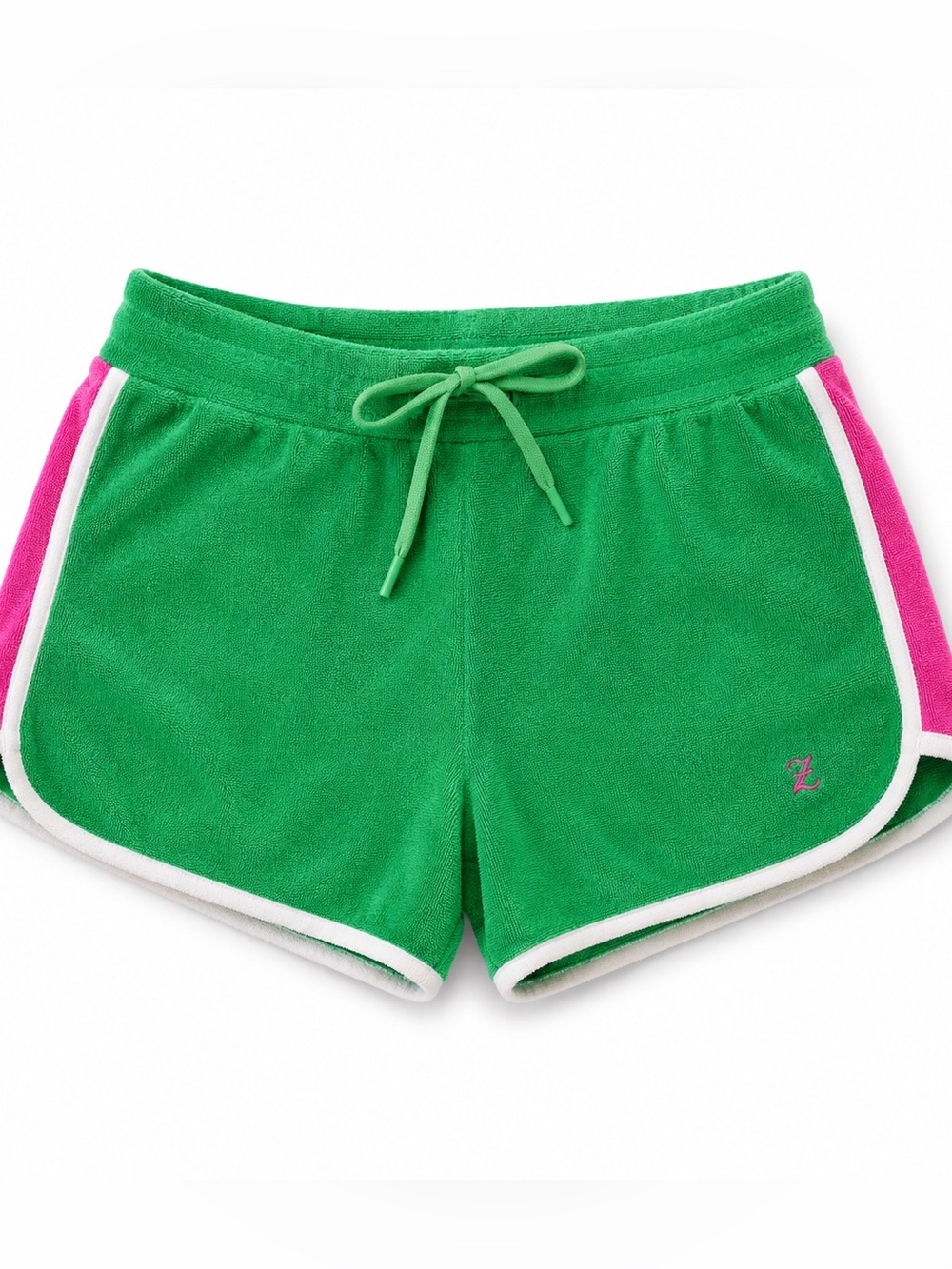 ZYIA Active Cabana Terry Cloth Shorts Green Pink Trim Drawstring Beach Size S